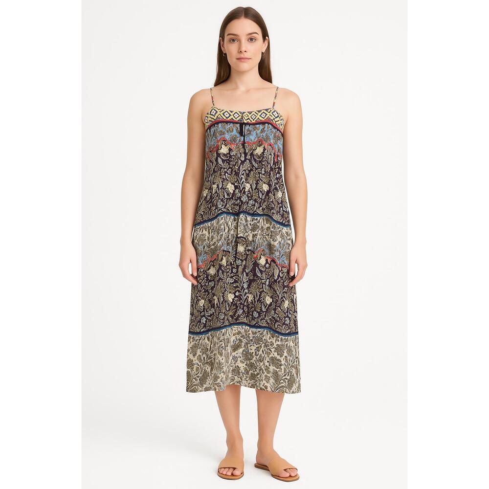 Anthropology One September Blue Black Floral Embroidered Tiered Midi Dress Sz S